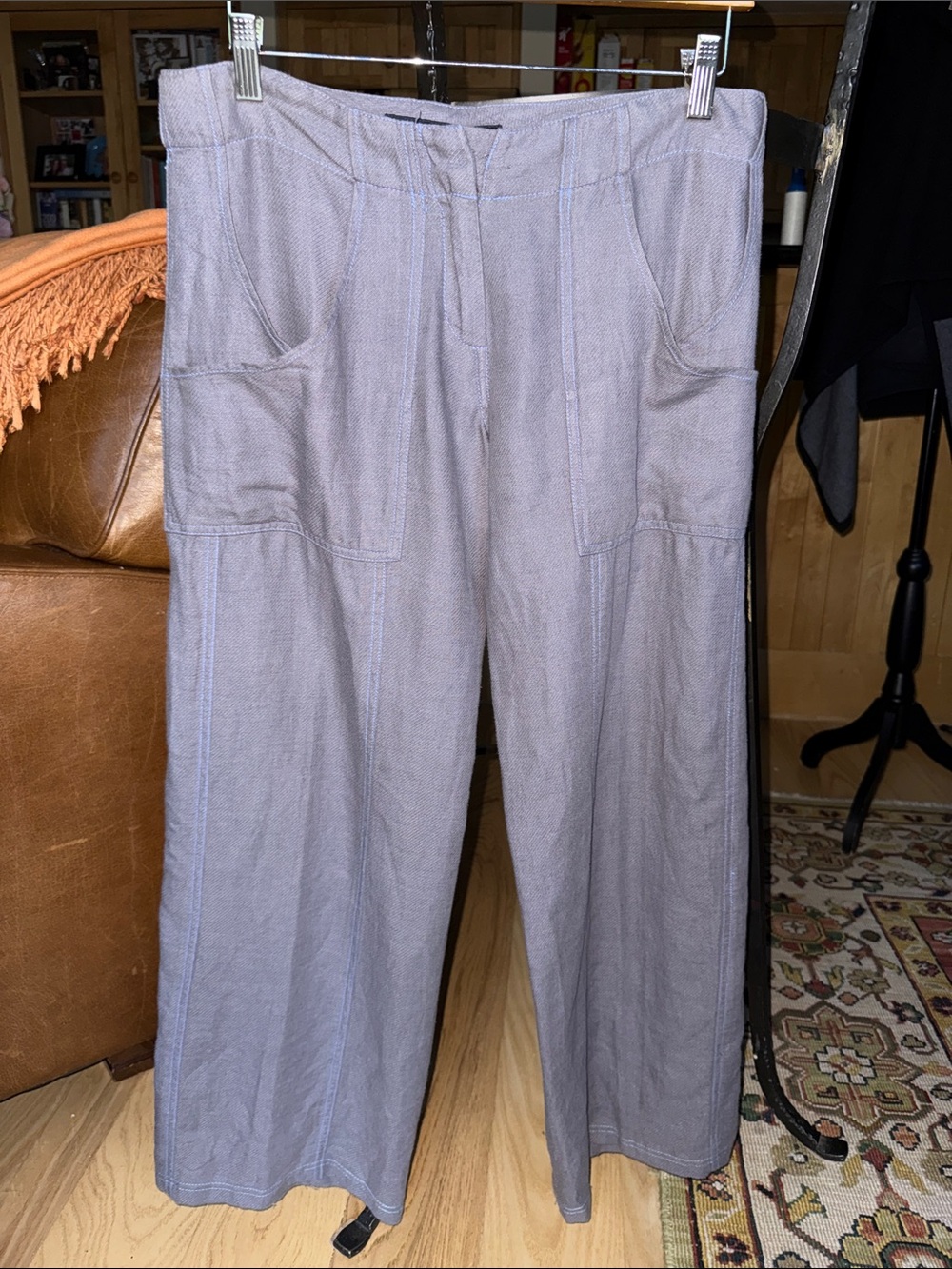 French Connection, Wide Leg Flowing Lightweight Cotton Linen Pants. Blue. 4/6